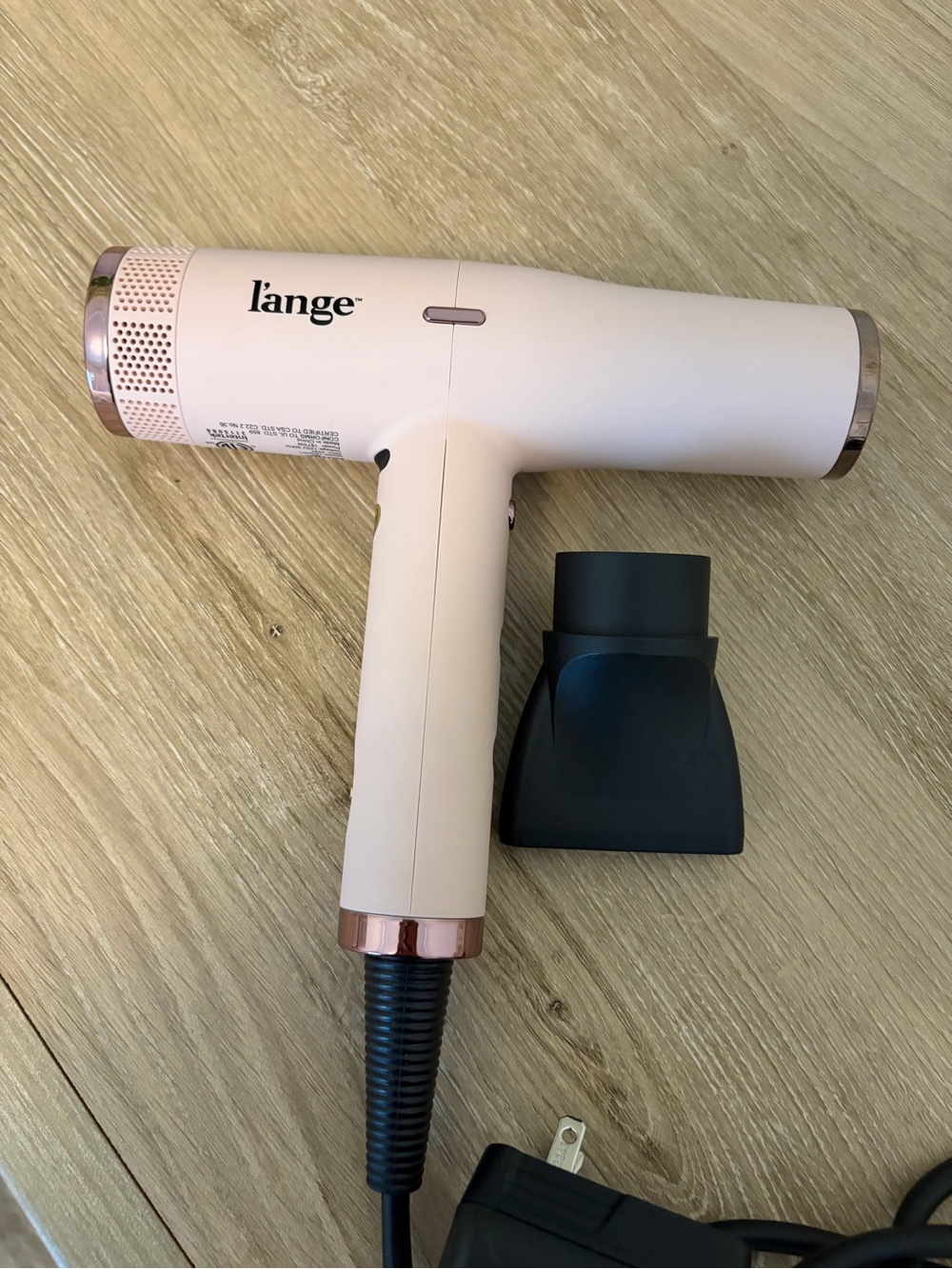 Lange Pink and Rose Gold Hair Dryer with Black Nozzle Attachment